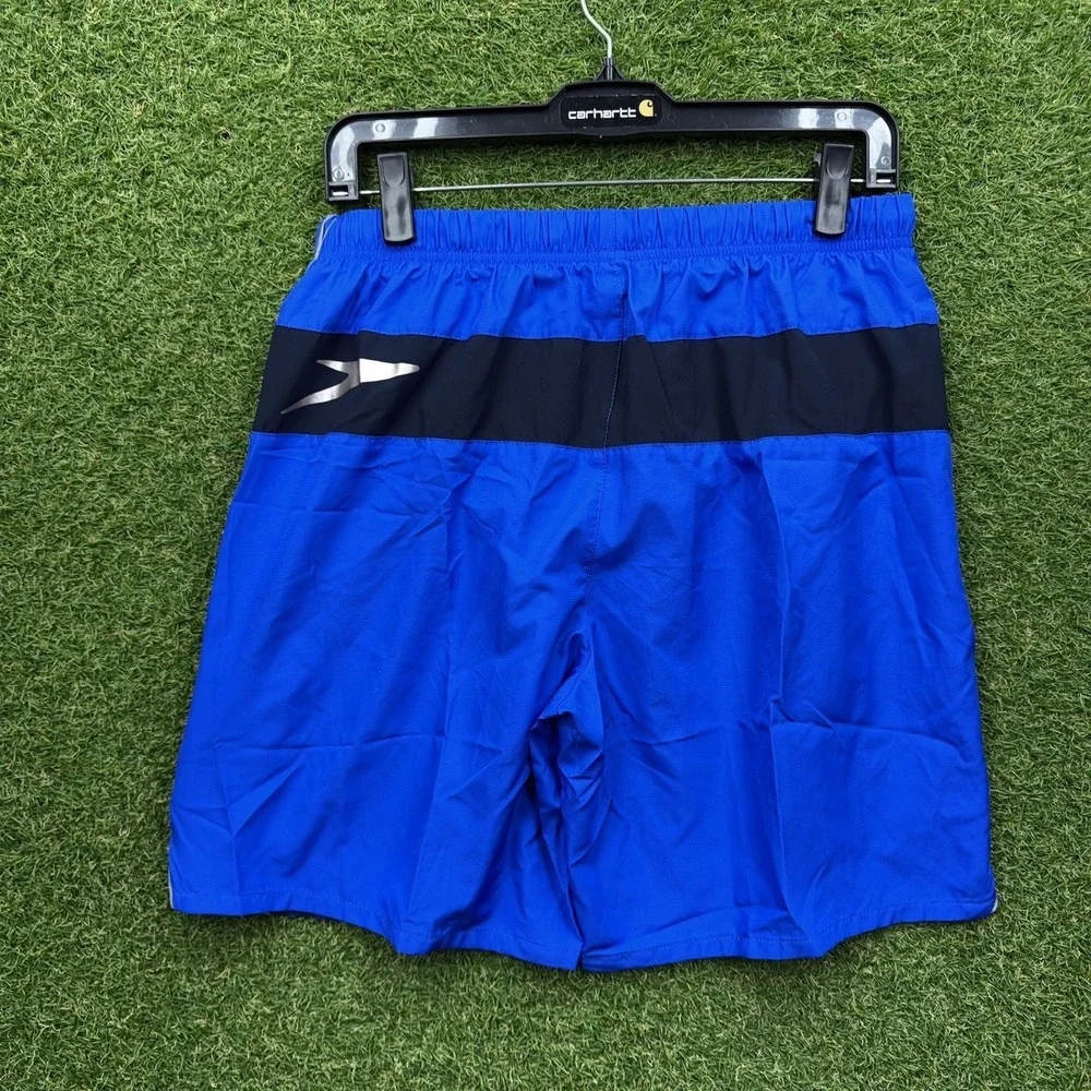 Speedo Swim Trunks Mens Small Border Line Stripe Performance E-Board Shorts Blue